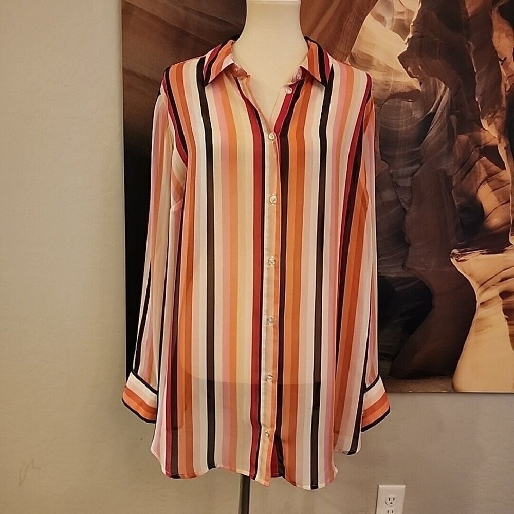 roaman's women's plus size Sheer Shirt 22 Pink Stripes Long Sleeve
